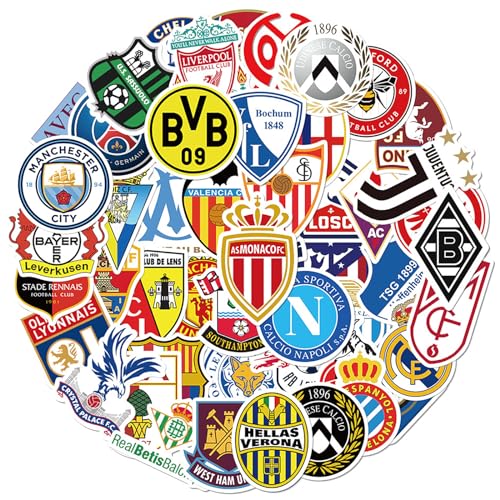 Fußball sticker,50 Stück Fussball Sticker Set Wasserfest Fußball Club logo Aufkleber Graffiti Stickers,Vinyl Sticker für Laptop Skateboard Koffer Helm Auto Fahrrad Handy Auto von SUNYOVIME