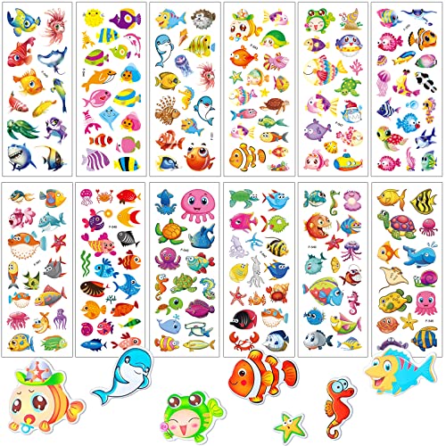 Meerestiere 3D Sticker Kinder Kleinkinder,Unterwasserwelt Aufkleber Kinder,12 Blätter Puffy Sticker Set,Sticker Mädchen Jungen für Belohnungsaufkleber Kinder,Mitgebsel Kindergeburtstag Gastgeschenke von SUNYOVIME