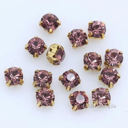 100 Stück 5 mm Kristallglas zum Aufkleben und Aufnähen von Strasssteinen, Goldtasse, Klaue, Chatons, Montees, Knopf, lose Perlen, DIY-Schuhe, Taschen, Kleidungsbesatz, heller Amethyst von SUOCMG