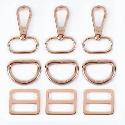 2/3 Sets Metallschnallen für Taschengurte, drehbarer Karabinerverschluss, D-Ring, dreigleitende Schnalle, Haustierhalsband, Gürtelversteller, Hakenverschluss, DIY-Zubehör – 38 mm – 3 Sets – Roségol von SUOCMG