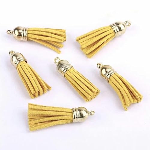 20–100 Stück 38 mm Goldsplitter-Quaste aus Wildleder-Kunstleder für Schlüsselanhänger, Handybänder, Schmuck, Sommer, DIY-Anhänger, Charms, Fundstücke, 100 Stück Splitter-Oberteile, dunkelgelb von SUOCMG