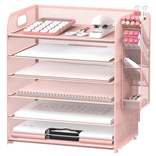 SUPEASY Schreibtisch-Organizer mit 6 Etagen und 4 Stifthaltern, Netzpapier-Organizer, Briefablage mit Griff, Schreibtisch-Organizer-Tablett für A4-Aktenordner, Rosa von SUPEASY