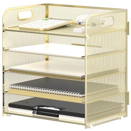 Supeasy 5 Ablagen, Papier-Organizer, Briefablage mit Griffnetz, Schreibtisch-Organizer, Papiersortierer, Schreibtisch-Organizer für Büro, Zuhause oder Schule (Gold) von SUPEASY