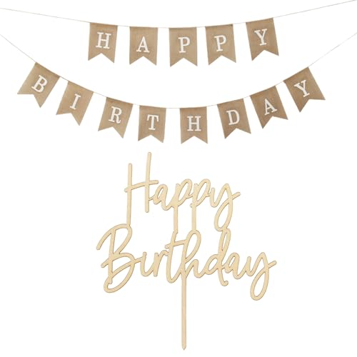 Happy Birthday Geburtstag Girlande Sackleinen Geburtstag Banner Vintage Leinen, Cake Topper Happy Birthday aus Holz Kuchendeko Geburtstagsdeko Geburtstag Party von SUPECHUNYI