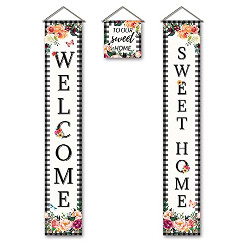 SUPERDANT Welcome To Our Sweet Home Veranda Banner Roses Hängendes Banner Tür Hängende Blumenbanner Hängende Dekorationen Willkommen Couple Schild Set für Zuhause Haustür Veranda Dekor 3 Stück/Set von SUPERDANT