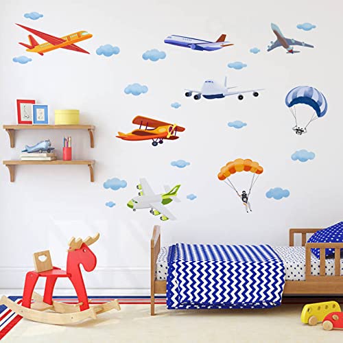 SUPERDANT Wandsticker Flugzeug Fallschirm Wandtattoo Cartoon Wandaufkleber Flugzeug Wolken Wanddekor Cartoon Flugzeug Vinyl Wandsticker Für Kinderzimmer Kindergarten Zimmer Jungen Klassenzimmer Schule von SUPERDANT