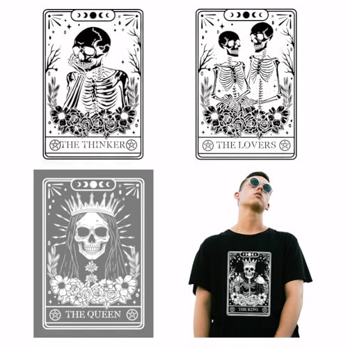 SUPERDANT 4 Blatt Skelett Tarot Bügelbilder König Königin Wärmeübertragungsfolie Aufkleber Kleidung Bügelbilder Für Jungen T Shirts Kapuzenpullover Segeltuchtaschen Kissen Jacken DIY Dekor von SUPERDANT