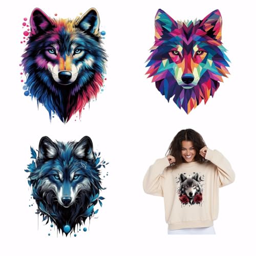 SUPERDANT 4 Stück/Set PET Wolfskopf Wärmeübertragungsaufkleber Aquarelltier Bügelaufnäher Aufkleber Waschbares Wärmeübertragungspapier Für Kleidung T-Shirt Jeans Rucksäcke DIY Applique von SUPERDANT