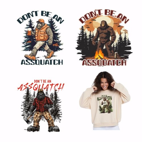 SUPERDANT 4 Stück Don'T Be An Assquatch Wärmeübertragungsaufkleber Für Kleidung Wild Gorilla Aufkleber für Wärmeübertragung Aufnäher Aufbügeln DIY Dekor Transfers Für Kleidung Kapuzenpullover Jacken von SUPERDANT