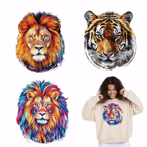 SUPERDANT 4 Stück Löwe Und Tiger Aufkleber für Wärmeübertragung Löwen Tiger Tiere Wärmeübertragung Aufkleber DIY Waschbares Bügelpapier Für Kleidung T-Shirt Jeans Rucksäcke DIY Applique von SUPERDANT