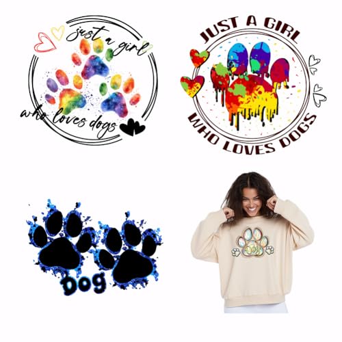 SUPERDANT 4 Stück Pfotenabdruck Aufbügler Aufbügeln Wärmeübertragungsaufkleber Haustiere Just A Girl Who Loves Dogs Aufkleber für Wärmeübertragung Für Kleidung Hoodies Dekoration von SUPERDANT