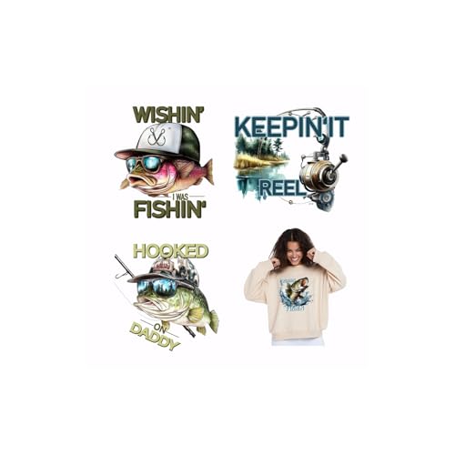 SUPERDANT 4 Stück Wish I Was Fishin Aufkleber für Wärmeübertragung Für Kleidung Farbenfrohes Angelthema Wärmeübertragung Aufkleber Aufbügler DIY Dekortransfers Für Kapuzenpullover T Shirts Jacken von SUPERDANT