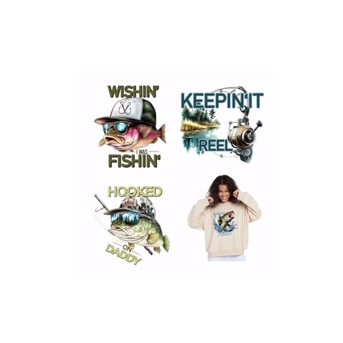 SUPERDANT 4 Stück "Wish I Was Fishin"-Aufkleber zum Aufbügeln für Kleidung, buntes Angelthema, Wärmetransfer-Aufkleber, zum Aufbügeln für DIY-Kleidung, lustige Kleidung, Dekoration, Transfers für von SUPERDANT