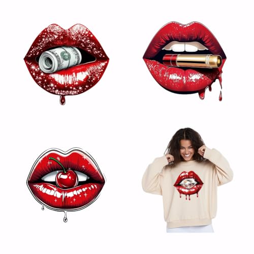 SUPERDANT 4PCS Lippen Aufkleber für Wärmeübertragung Rote Lippen Hitze Wärmeübertragung Aufkleber DIY Bügeln Auf Abziehbilder Waschbares Hitze Transfer Papier Für Kleidung T Shirt Tasche Dekor von SUPERDANT