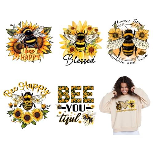 SUPERDANT 6 Stück Bügelbilder Mit Bienen Und Sonnenblume Motiv Wärmeübertragungsfolie Aufkleber Set Zum Aufbügeln Für Kleidung Basteln T Shirts Kapuzenpullover Taschen Jacken Jeans 20x20cm von SUPERDANT