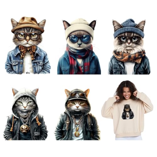 SUPERDANT 6 Stück Katzen Aufbügler Für Kleidung Süße Katzen Wärmeübertragungsaufkleber Patches Lustige Tier Transfers Für T Shirts Rucksäcke Basteln DIY Dekorationsapplikationen von SUPERDANT