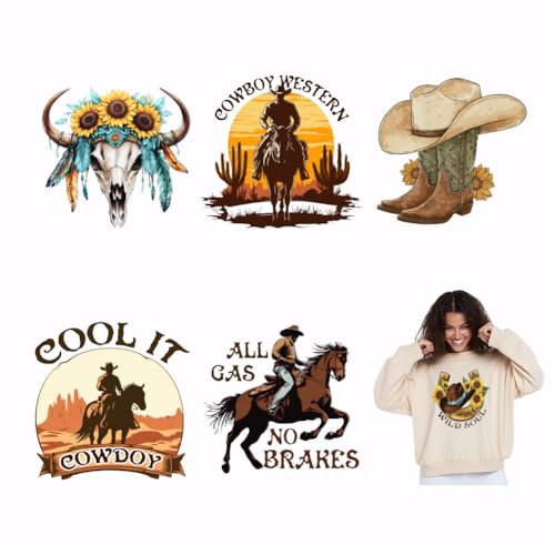 SUPERDANT 6 Stück Western Cowboy Bügeleisen Aufbügeln Patches Western Thema Bügelbilder DIY Bügelbilder Bügelpapier Für Kleidung T Shirt Jeans Rucksäcke Dekor DIY Applikation von SUPERDANT