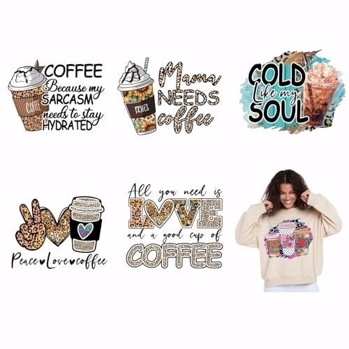 SUPERDANT 6PCS Kaffee Thema Bügeleisen auf Transfer Patches Kaffee Wärmeübertragung Aufkleber DIY Eisen auf Abziehbilder waschbar Wärmeübertragung Papier für Kleidung T-Shirt Rucksäcke Dekor Applique von SUPERDANT