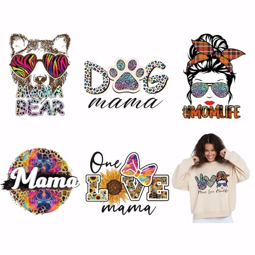 SUPERDANT 6PCS Mama Bügeleisen auf Transfer Patches Mama Wärmeübertragung Aufkleber DIY Eisen auf Abziehbilder waschbar Wärmeübertragung Papier für Kleidung T-Shirt Rucksäcke Tasche Dekor Applique von SUPERDANT