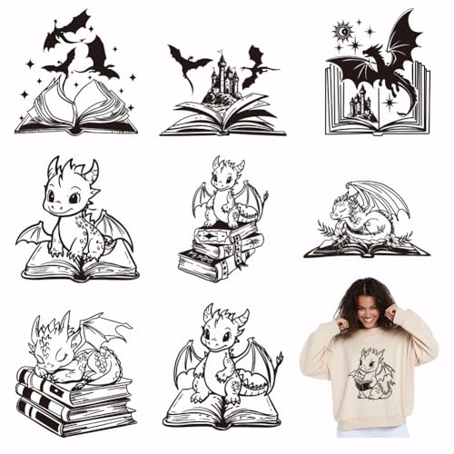 SUPERDANT 9 Blatt Dinosaurier Buch Bügelbilder Schwarz Wärmetransferfolie Aufkleber Set Kleidung Bügelbilder für Jungen T-Shirt Hoodie Leinwand Taschen Kissen Jacken DIY Handwerk von SUPERDANT