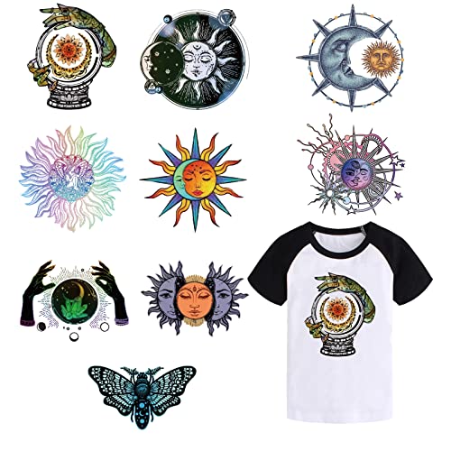 SUPERDANT 9 Styles Tarot Thema Eisen Auf Abziehbildern Transferpapier Für T-Shirts PET Wärmeübertragungsfolie Logo Aufkleber Sonne Und Mond Vinyl Wärmeübertragung Kleidung DIY Abziehbilder Art von SUPERDANT