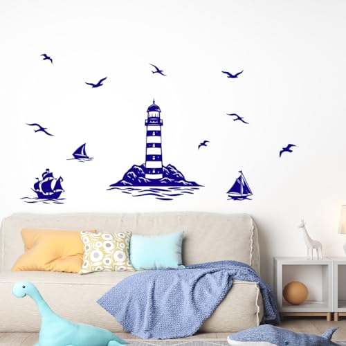 SUPERDANT Blauer Leuchtturm Wandaufkleber Segelboot Möwe Wandaufkleber Meereslandschaft Vinyl Aufkleber leuchtturm Blau Wandaufkleber Wandtattoo Leuchtturm Für Schlafzimmer Flur Dekoration von SUPERDANT