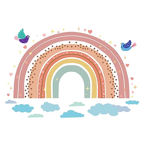 SUPERDANT Cartoon Boho Regenbogen Wandsticker Vögel Wandaufkleber Buntes Regenbogen Herz Vinyl Wandsticker Tapete Regenbogen Wandtattoo Für Mädchen Baby Kinderzimmer Schlafzimmer Spielzimmer Heim von SUPERDANT