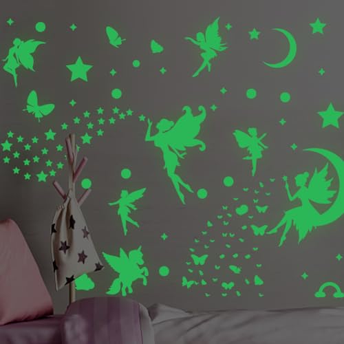 SUPERDANT Fairy Leuchtende Wandsticker Sterne Leuchten Im Dunkeln Wandtattoo Leuchtender Mond Fluoreszierende Aufkleber Leuchtende Wandsticker Für Mädchen Schlafzimmer 4 Stück von SUPERDANT