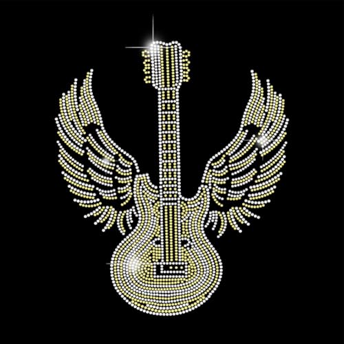 SUPERDANT Gitarre Und Flügel Bügeln Rhinestones Transfer Gitarren T Shirt Kristall Wärmeübertragungsdesigns Gitarrenflügel Kristall Aufkleber Strass Bling Aufkleber Für Kleidung Tragetasche von SUPERDANT