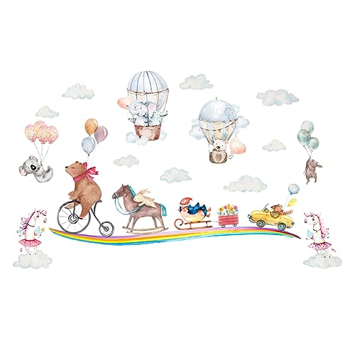 SUPERDANT Lustige Tiere Party Wandtattoo Einhorn Maus Bär Vinyl Wandaufkleber Heißluftballon Wolken Regenbogen Abnehmbare Wandkunst Aufkleber Für Kinderzimmer Wohnzimmer Dekorationen von SUPERDANT