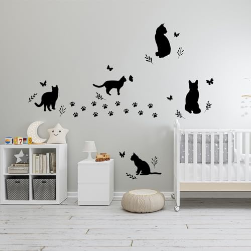 SUPERDANT Schwarze Katze Wandsticker 7 Katzen Schmetterling Wandaufkleber Schäl Und Klebe Wandtattoo Vinyl Wandsticker Wanddekor Für Schlafzimmer Wohnzimmer Kinderzimmer Klassenzimmer Schule Dekor von SUPERDANT