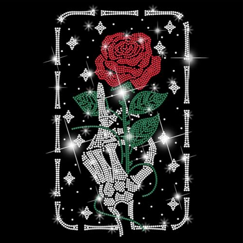 SUPERDANT Skeletthand Rose Strass Hotfix Zum Aufbügeln Blumen Kristall Stras Transfer zum Aufbügeln Rose Glitzernde Strass Hotfix Transfer Patch Für T Shirts Kleidung Tragetasche DIY Kunst Basteln von SUPERDANT