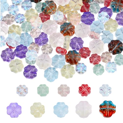 SUPERFINDINGS 100 Stück 10 Stile Glaskleeperlen Transparente Tschechische Glasblumen Lose Perlen Kristall Abstandsperlen Für Schmuckherstellung Armband Halskette Bohrung:1mm von SUPERFINDINGS