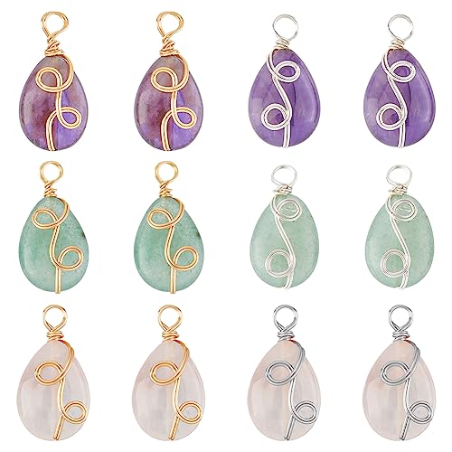 SUPERFINDINGS 12 Stück 6 Stile Gemischte Steinanhänger Amethyst Steinanhänger Rosenquarz Wassertropfen Charms Wassertropfen Verdrahtet Eingewickelte Edelstein Charms von SUPERFINDINGS