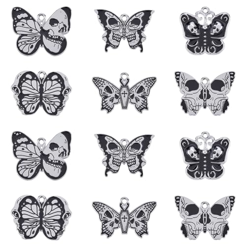 SUPERFINDINGS 12 Stück 6 Stile Halloween Charms Gothic Thema Legierung Emaille Anhänger Schmetterling Mit Totenkopf Baumelnde Charms Für Halloween Party DIY Schmuck NSupplies von SUPERFINDINGS