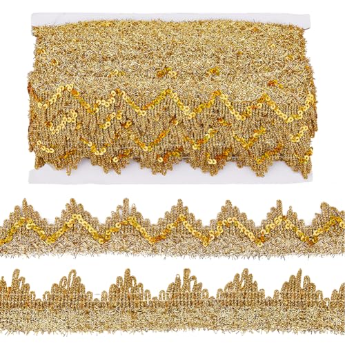 SUPERFINDINGS 14.22 Yard (13 m) Gold Pailletten Spitzenbesatz Goldener Perlen Spitzenbesatz Paillettenbesetztes Stoffband Glitzerndes Netz Dekorativer Gimpenbesatz Für Bekleidungszubehör von SUPERFINDINGS