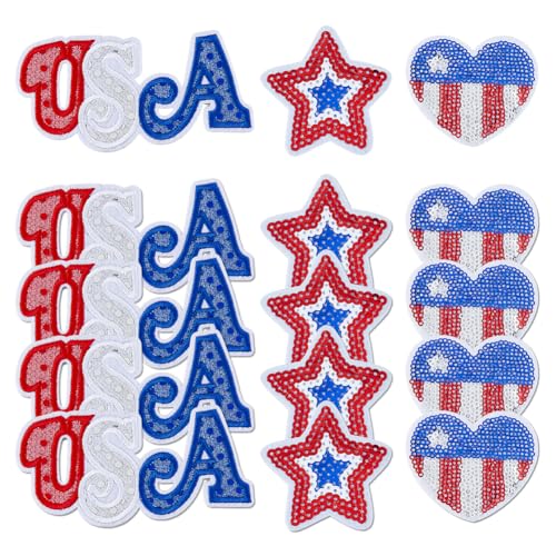 SUPERFINDINGS 15 Stück 3 Stile USA Pailletten Patches Patriotisches Bügelbild Sterne Rot Weiß Blau Pailletten Patches Mode DIY Applikation Dekoratives Patch Set Für Kleidung Jacke von SUPERFINDINGS