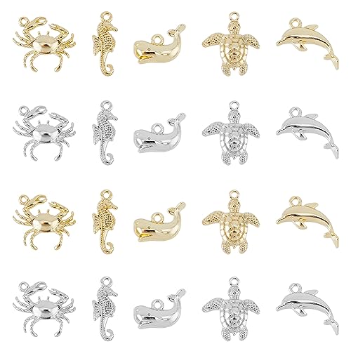 SUPERFINDINGS 20 Stück 10 Stile Rack Beschichtung Legierung Charms Meerestiere Anhänger Krabbe Seepferdchen Wal Meeresschildkröte Delphin Charms Platin Gold Legierung Anhänger Loch 1.5mm von SUPERFINDINGS