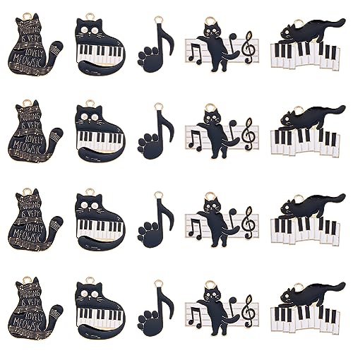 SUPERFINDINGS 20 Stück 5 Stile Musikthema Katzenanhänger Katze Mit Klaviermusiknoten Baumelnde Charms Schwarz Weiße Legierungs Emaille Charms von SUPERFINDINGS