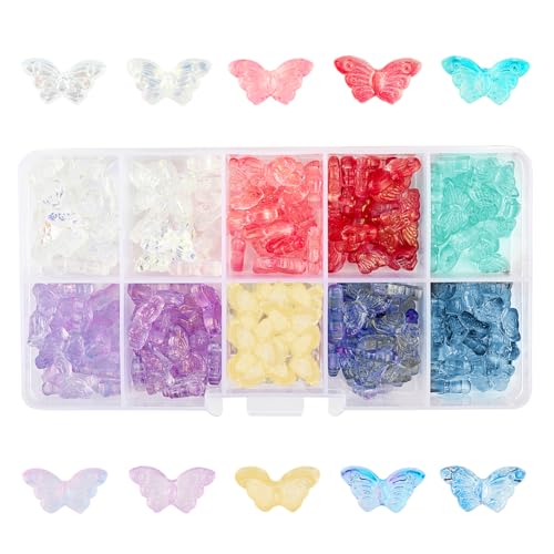 SUPERFINDINGS 200 Stück 10 Farben Schmetterling Glasperlen Galvanik Transparent Glasperlen Transparent Perlen AB Farbe plattiert Glitter Powder Style Perlen für Schmuckherstellung DIY Handwerk Zubehör von SUPERFINDINGS