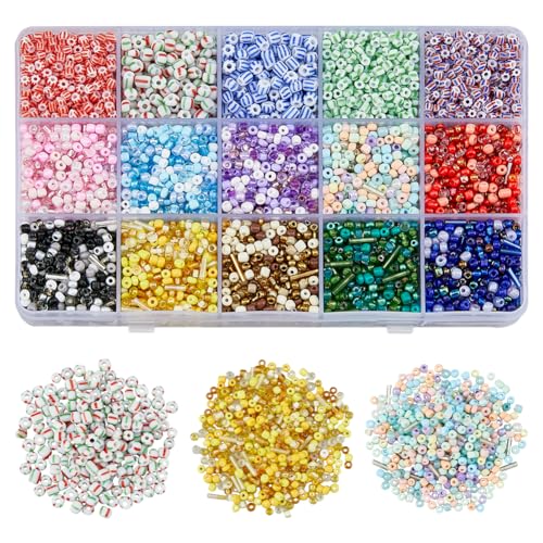 SUPERFINDINGS 225 g Rocaillesperlen In 15 Farben Runde Röhre Glasperlen Gemischte Farben Kleine Bastelperlen Bunte Perlen Für Stickerei DIY Basteln Schmuckherstellung Bohrung:0.8~1mm von SUPERFINDINGS