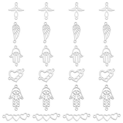 SUPERFINDINGS 24 Stück 6 Stile 201 Edelstahlglieder Verbindungsstücke Filigrane Charms Engelsflügel Herz Hamsa Hand Anhänger Für Ohrring Armband Anhänger Schmuck DIY Basteln von SUPERFINDINGS