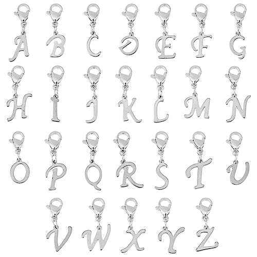 SUPERFINDINGS 26 Stück 304 Edelstahl Buchstaben Anhänger Charms Silberne Buchstaben A Bis Z Karabinerverschlüsse Charms Mini Alphabet Armband Halsketten Anhänger von SUPERFINDINGS