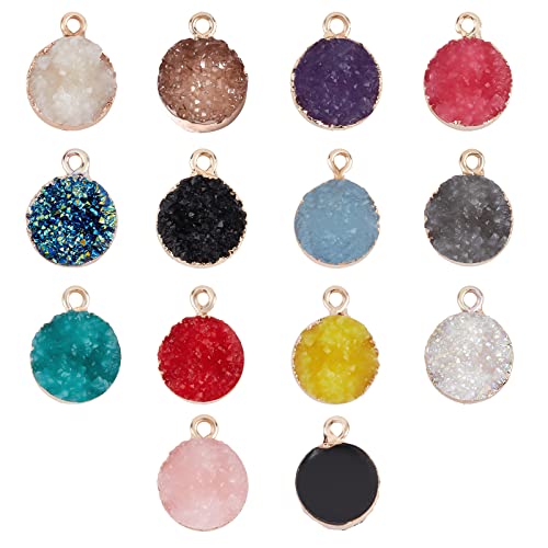 SUPERFINDINGS 28pcs 14 Farben 16 17x12x6 7mm Galvanisieren Druzy Harz Anhänger Flache Runde Anhänger Harz Charms Mit Eisen Entdeckungen Für Ohrringe Halskette Schmuckherstellung Bohrung: 1mm von SUPERFINDINGS