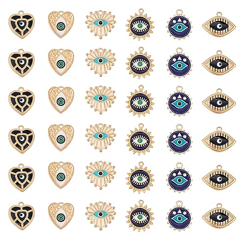 SUPERFINDINGS 36 Stück 6 Stile Evil Eye Legierungsanhänger Lucky Eye Emaille Charm Flaches Rundes Herz Truthahn Evil Eye Baumelnde Charms Für Die Schmuckherstellung Loch: 1.5~2mm von SUPERFINDINGS