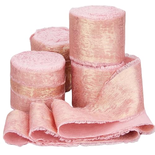 SUPERFINDINGS 4 Rollen 5 m rosa Seidenband Chiffon Spitzenband Rolle Polyester glänzend gestreift Stoff handgefertigt ausgefranste Bordüre für Geschenkverpackungen, Schleifendekorationen, von SUPERFINDINGS