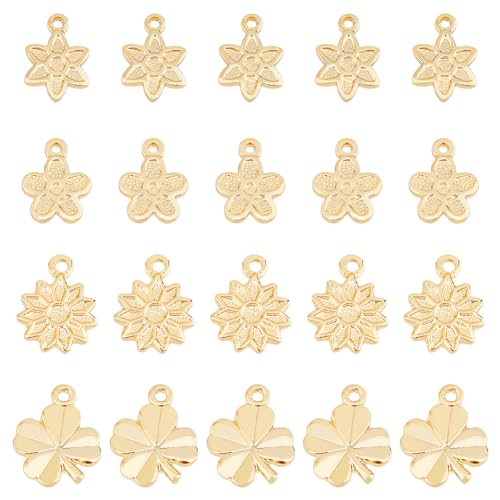 SUPERFINDINGS 40 Stück 4 Stile Echt 14K Vergoldet Kleeblatt Anhänger Messing Mini Blume Charms Hypoallergen Ornament Anhänger Für Halskette Ohrring Armband Schmuckherstellung DIY Loch 0.8~1.2mm von SUPERFINDINGS