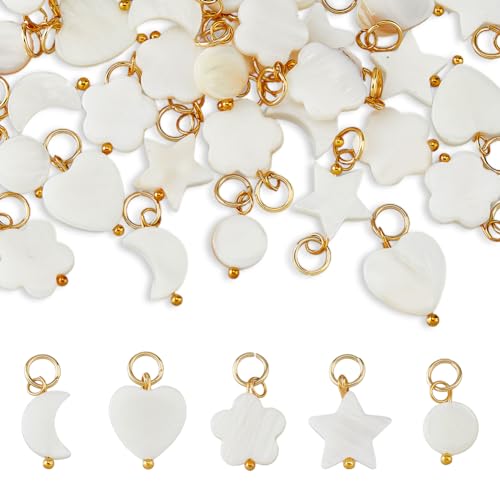 SUPERFINDINGS 40 Stück 5 Stile Natürliche Süßwassermuschel Charmsmond Stern Herz Anhängermit Goldfarbenem Biegering Weißemuschel Charms Für Die Schmuckherstellung Bohrung:4mm von SUPERFINDINGS