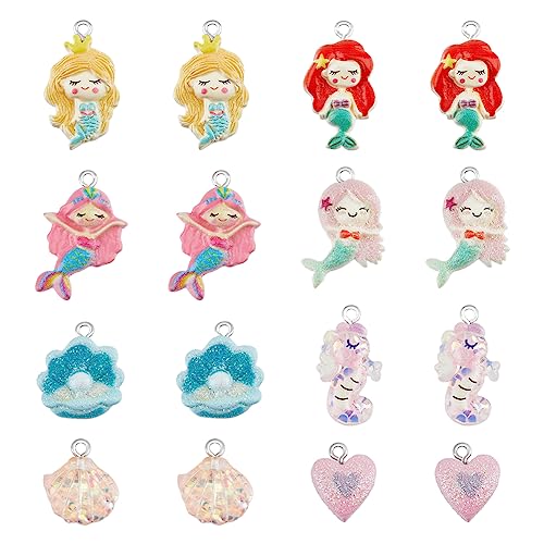 SUPERFINDINGS 40 Stück 8 Stile Meerestier Charm Anhänger Miniatur Fische Delfine Glitzer Charms Kunstharz Meerjungfrau Dekorationen Meeresthema Charms Für DIY Garten von SUPERFINDINGS