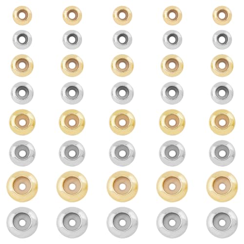 SUPERFINDINGS 40 Stück 8 Stile Messingperlen Mit Gummi Innen Schiebeperlen Rondelle Stopperperlen Platin Und Goldene Charms Basteln Stapelbare Perlen Loch 2mm von SUPERFINDINGS